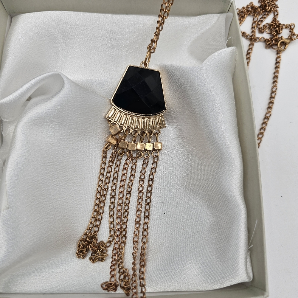 Gold and Black Geometric Fringe Necklace 30" Chain